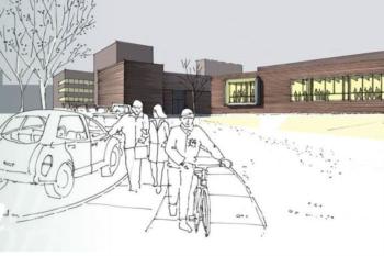 sketch of people and cars outside a college facility