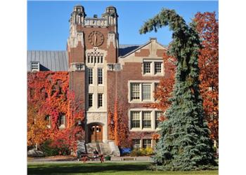 historic building with autumn foliage