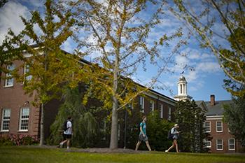 students walking by academic buildings with trees