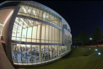 lit-up modern building at night