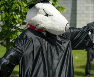 mascot in graduation attire at 'hiram college' event