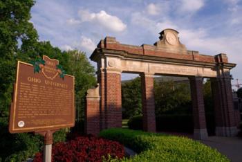 entrance arch with ohio university sign and plaque