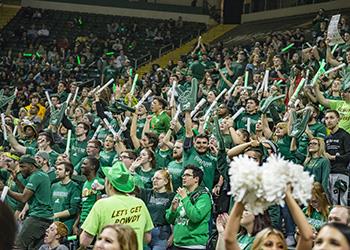 crowd of fans in green cheering at a sports event