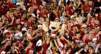 crowd lifting a mascot at a sports event