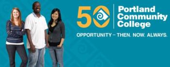 three students with 'Portland Community College' 50th anniversary logo