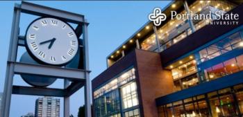 clock tower and building with 'Portland State University' sign