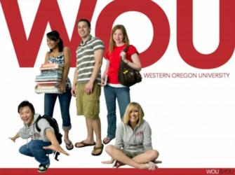 students posing with 'Western Oregon University' background