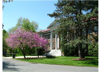 campus building flanked by blooming trees