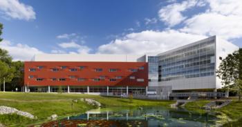 modern campus STEM complex with water feature