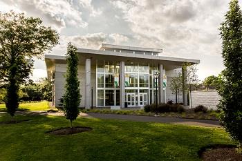 modern campus building with glass facade