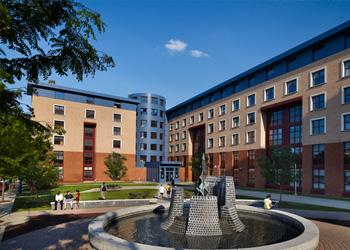 courtyard with fountain outside modern dormitory