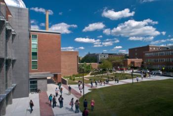 aerial view of campus with students walking