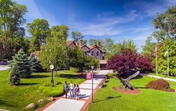 aerial campus view with students walking