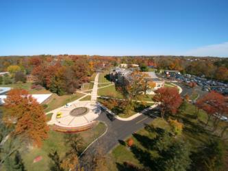 aerial view of campus with curved paths