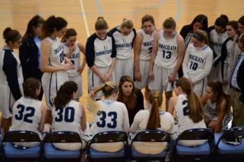 basketball team in a huddle on court