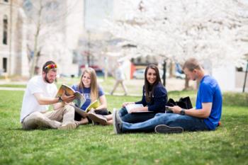 students studying on grass with spring blossoms