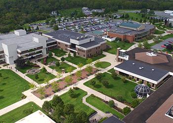 aerial view of campus buildings and pathways