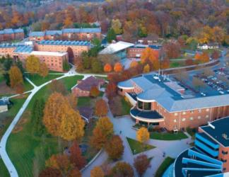 aerial view of campus with autumn foliage