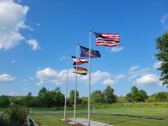 flags flying in front of blue sky