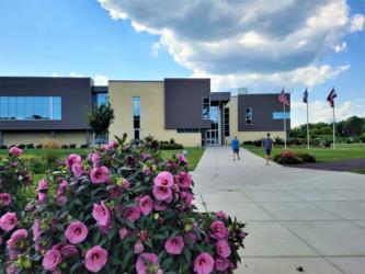 purple flowers in front of campus building