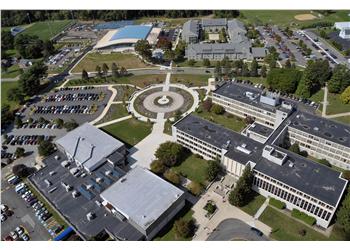 aerial view of campus buildings and walkways