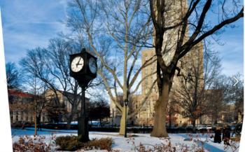 campus clock tower in winter