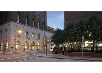 street view of campus building at dusk