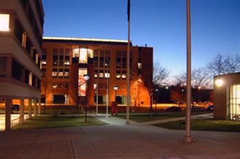 evening view of campus building with lights