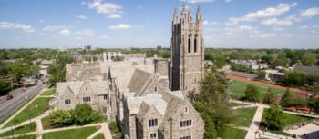 aerial view of campus with gothic architecture