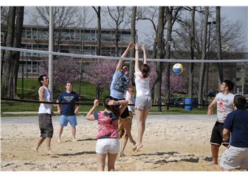 students playing volleyball on a sandy court