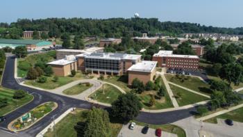 aerial view of campus buildings