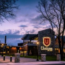 modern campus entrance at dusk