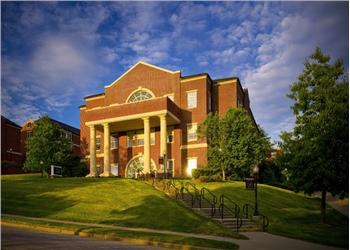 modern building entrance with large columns