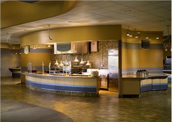 interior of a cafeteria with serving stations