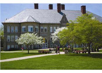 historic building with blooming trees in spring