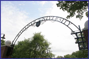 metal arch with 'widener university' sign