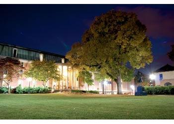 night view of a tree and campus building with lights on