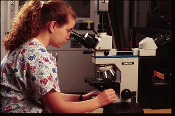 student using a microscope in a lab