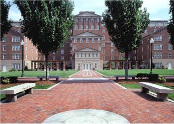 brick university building with a central courtyard