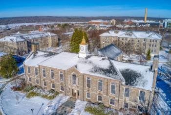 aerial view of university campus with snow