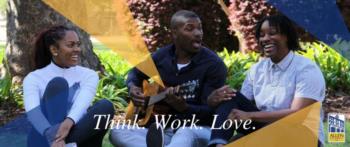 think work love; students talking on campus