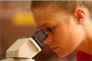 student using a microscope in a lab