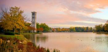 scenic lake view with tower on university campus