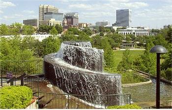 waterfall feature in a green city park