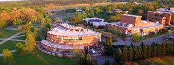 aerial view of campus buildings at sunset