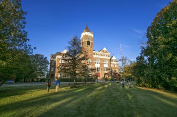 historic university building at sunset