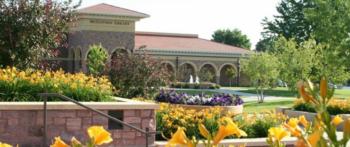 campus view with flowers and fountain