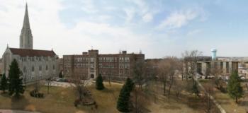 aerial view of campus with church