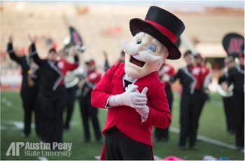 mascot at a sporting event with 'AP Austin Peay State University'