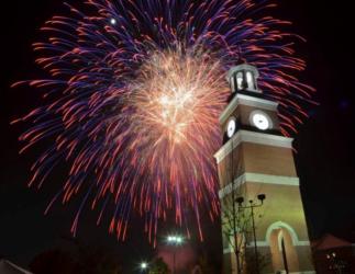 fireworks display above campus tower